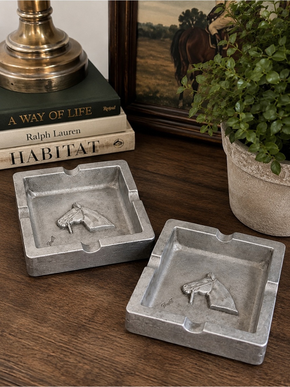 Vintage Bruce Fox Horse Head Cast Aluminum Ashtrays Set of 2 Signed Equestrian